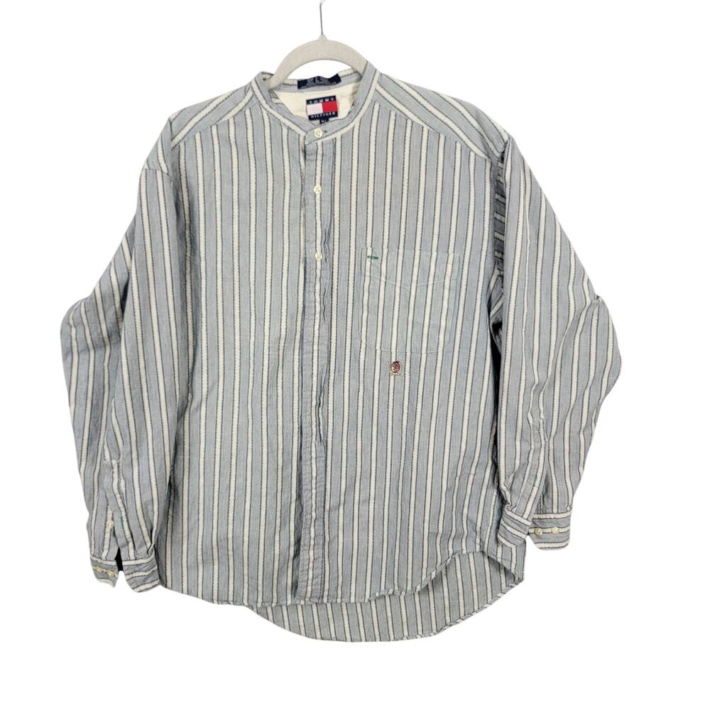 Tommy Hilfiger Vintage 90s Crest Striped Banded Collar Shirt Mens M Preowned